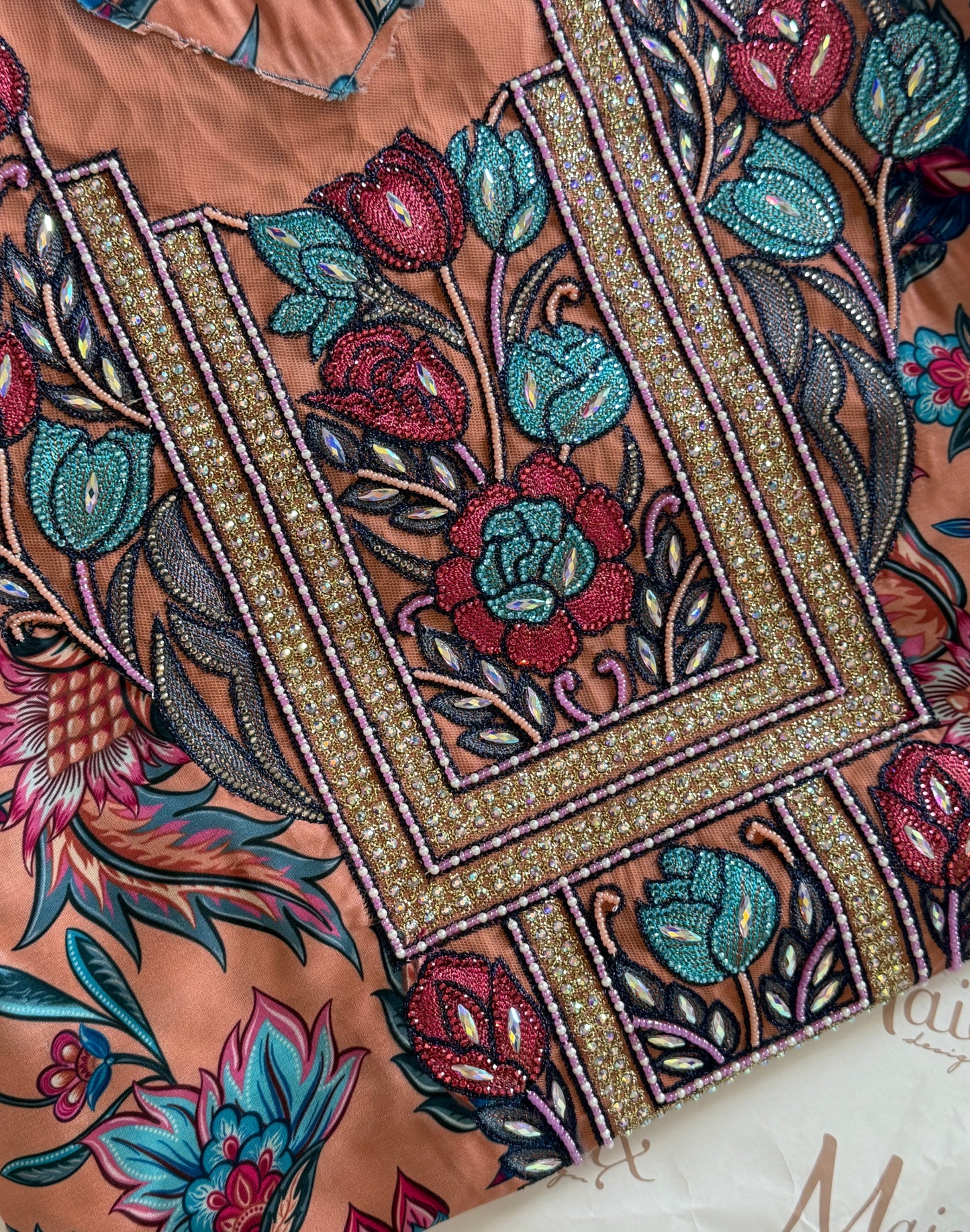 Floral Mkhawar- Orange & Teal